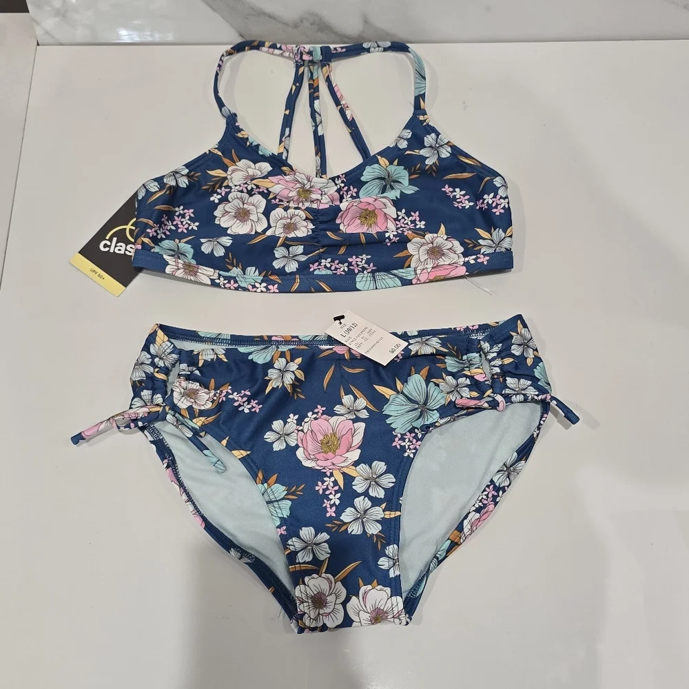 Art Class | Floral Kids Swim Bikini - Blue and Pink Large 10/12